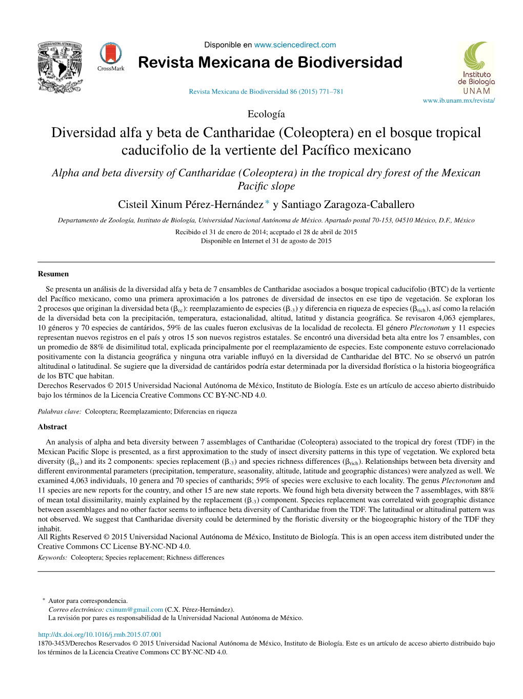 Alpha and Beta Diversity of Cantharidae (Coleoptera) in the Tropical Dry Forest of the Mexican