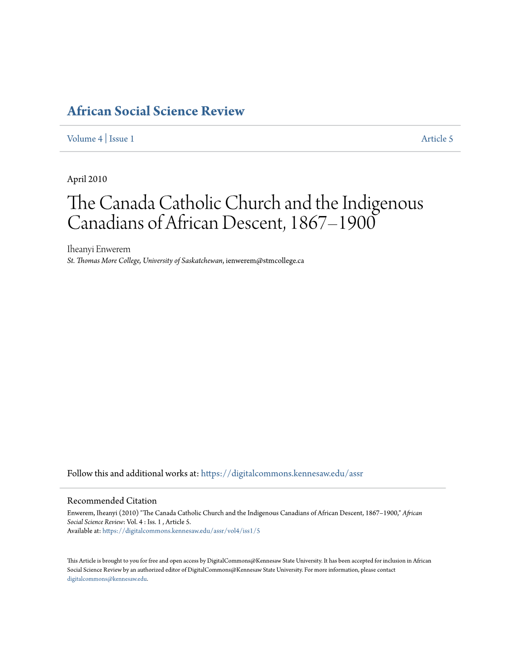 The Canada Catholic Church and the Indigenous Canadians of African Descent, 1867–1900