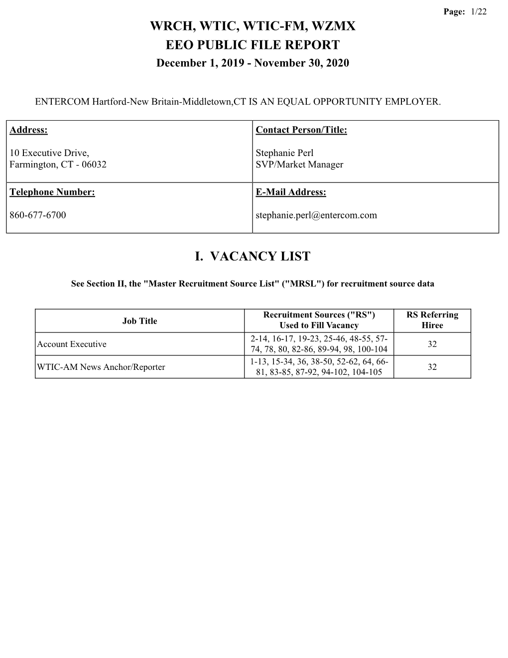 Wrch, Wtic, Wtic-Fm, Wzmx Eeo Public File Report I. Vacancy List