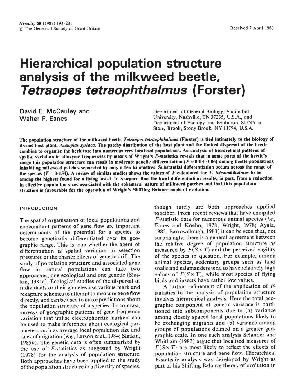 Hierarchical Population Structure Analysis of the Milkweed Beetle, Tetraopes Tetraophthalmus (Forster)