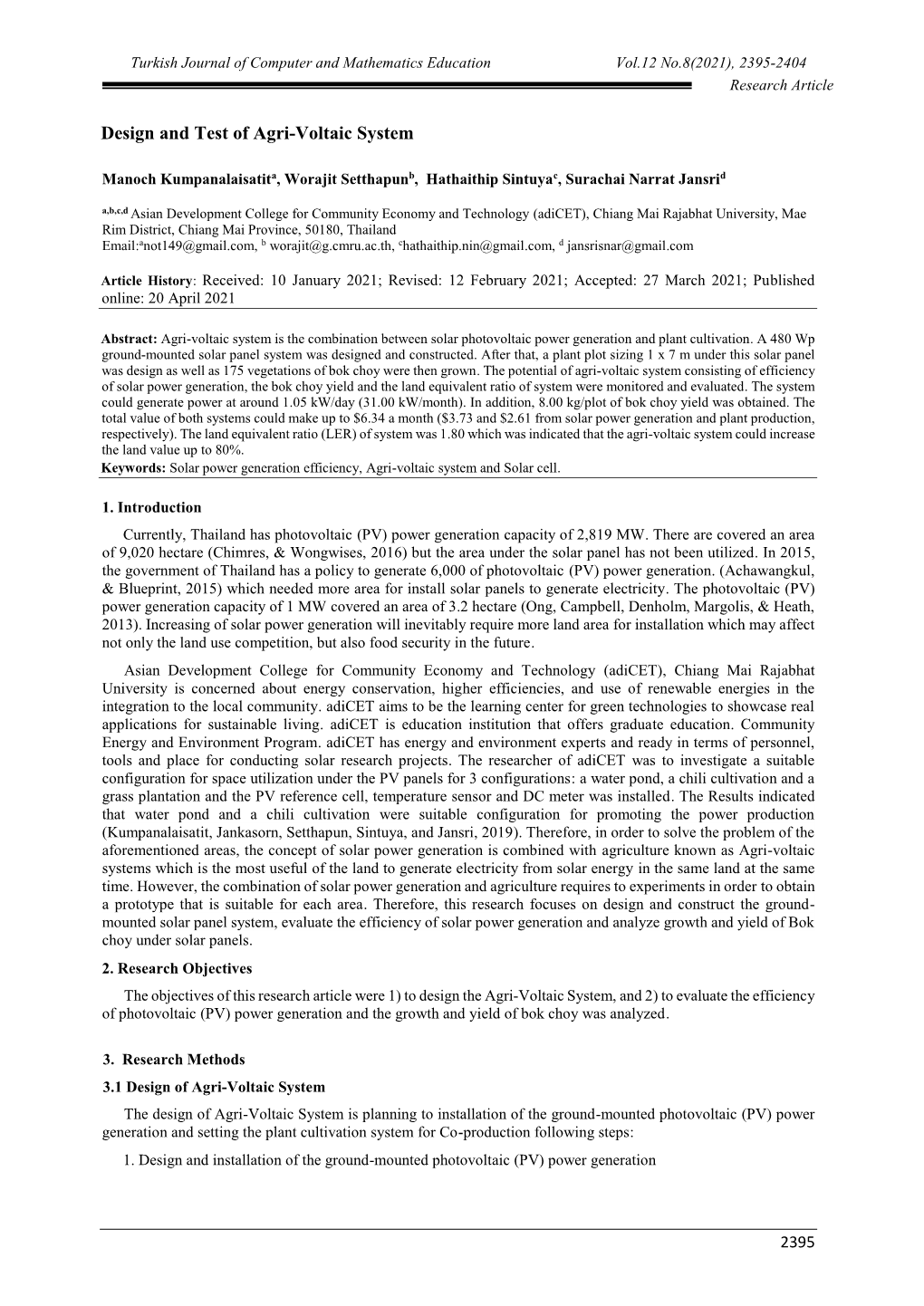 Design and Test of Agri-Voltaic System