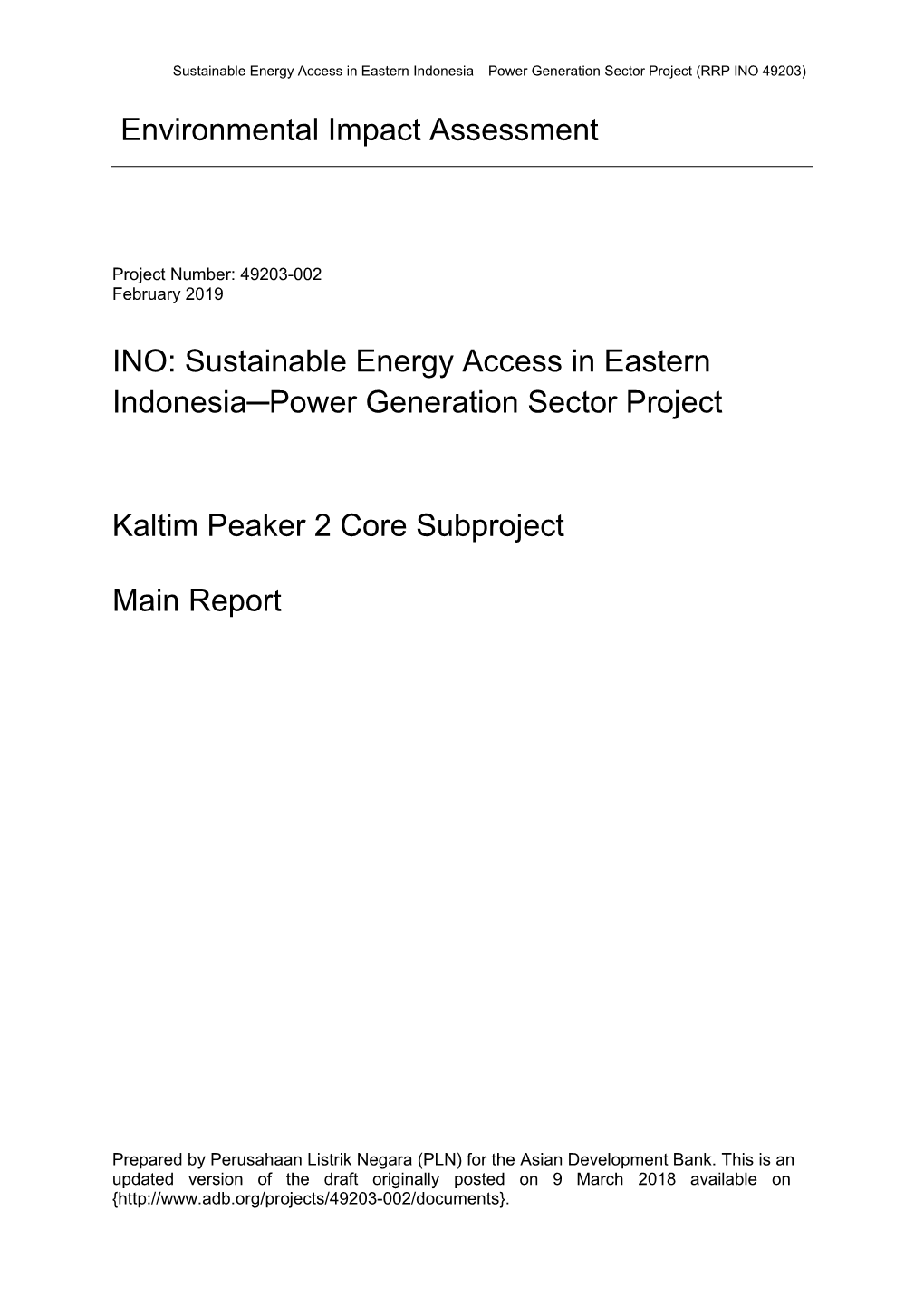 Sustainable Energy Access in Eastern Indonesia-Power Generation Sector Project: Kaltim Peaker 2 Core Subproject Updated Environm