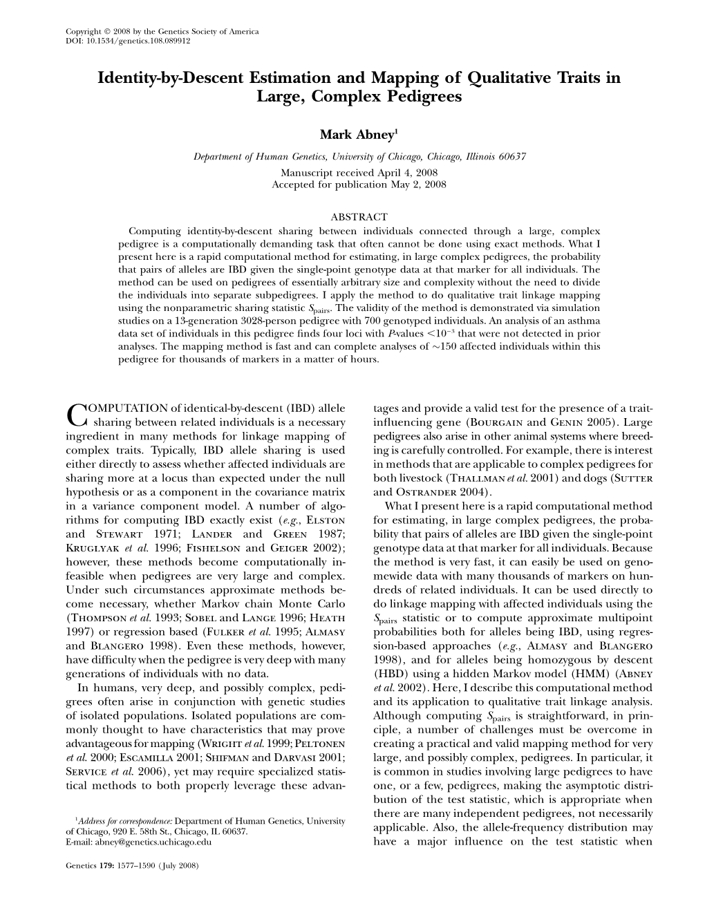 Identity-By-Descent Estimation and Mapping of Qualitative Traits in Large, Complex Pedigrees