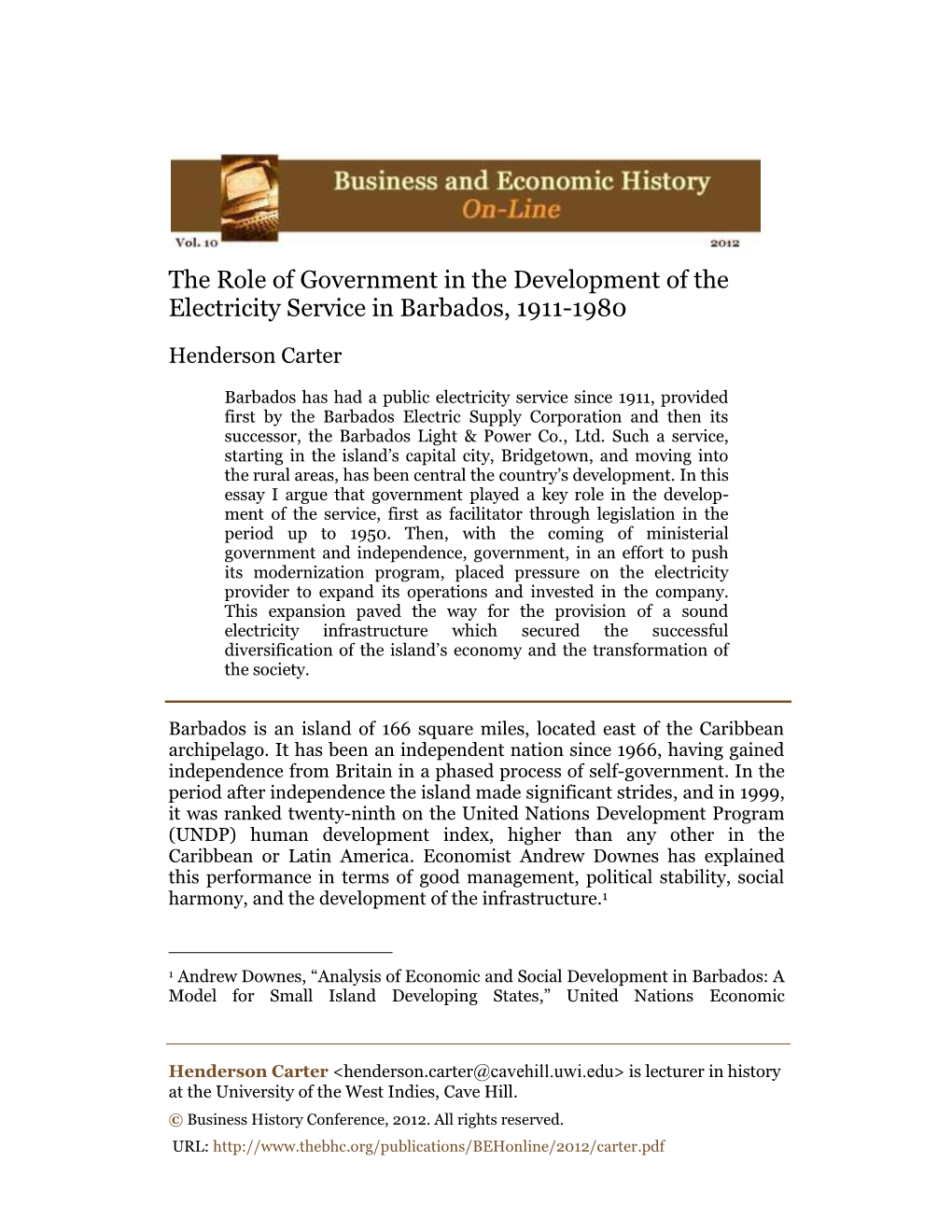 The Role of Government in the Development of the Electricity Service in Barbados, 1911-1980