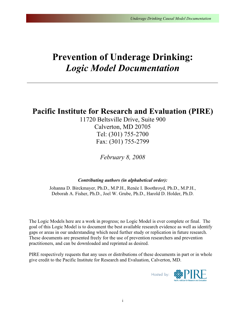 Prevention of Underage Drinking: Logic Model Documentation