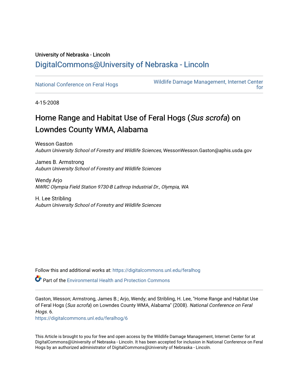 Home Range and Habitat Use of Feral Hogs (Sus Scrofa) on Lowndes County WMA, Alabama