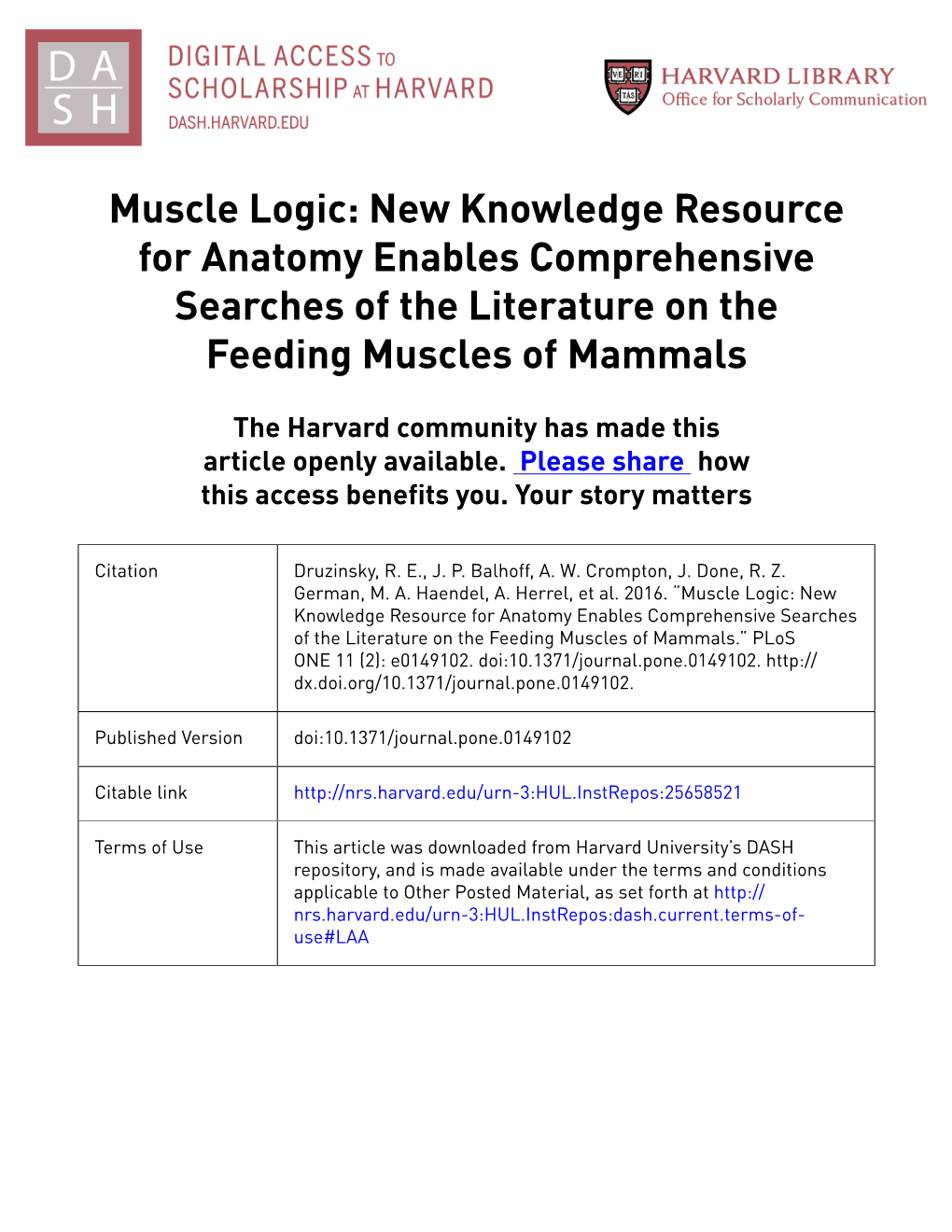 Muscle Logic: New Knowledge Resource for Anatomy Enables Comprehensive Searches of the Literature on the Feeding Muscles of Mammals