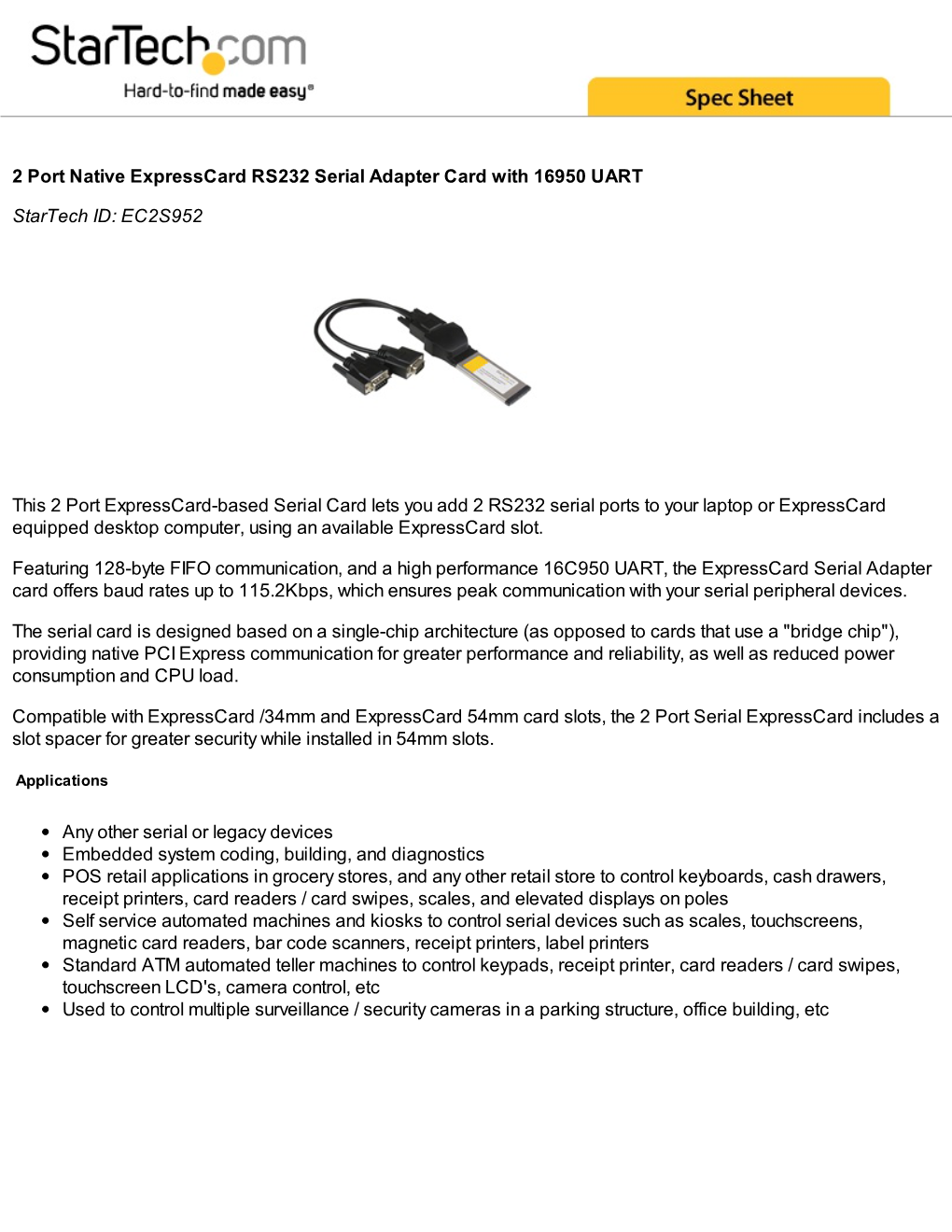 2 Port Native Expresscard RS232 Serial Adapter Card with 16950 UART