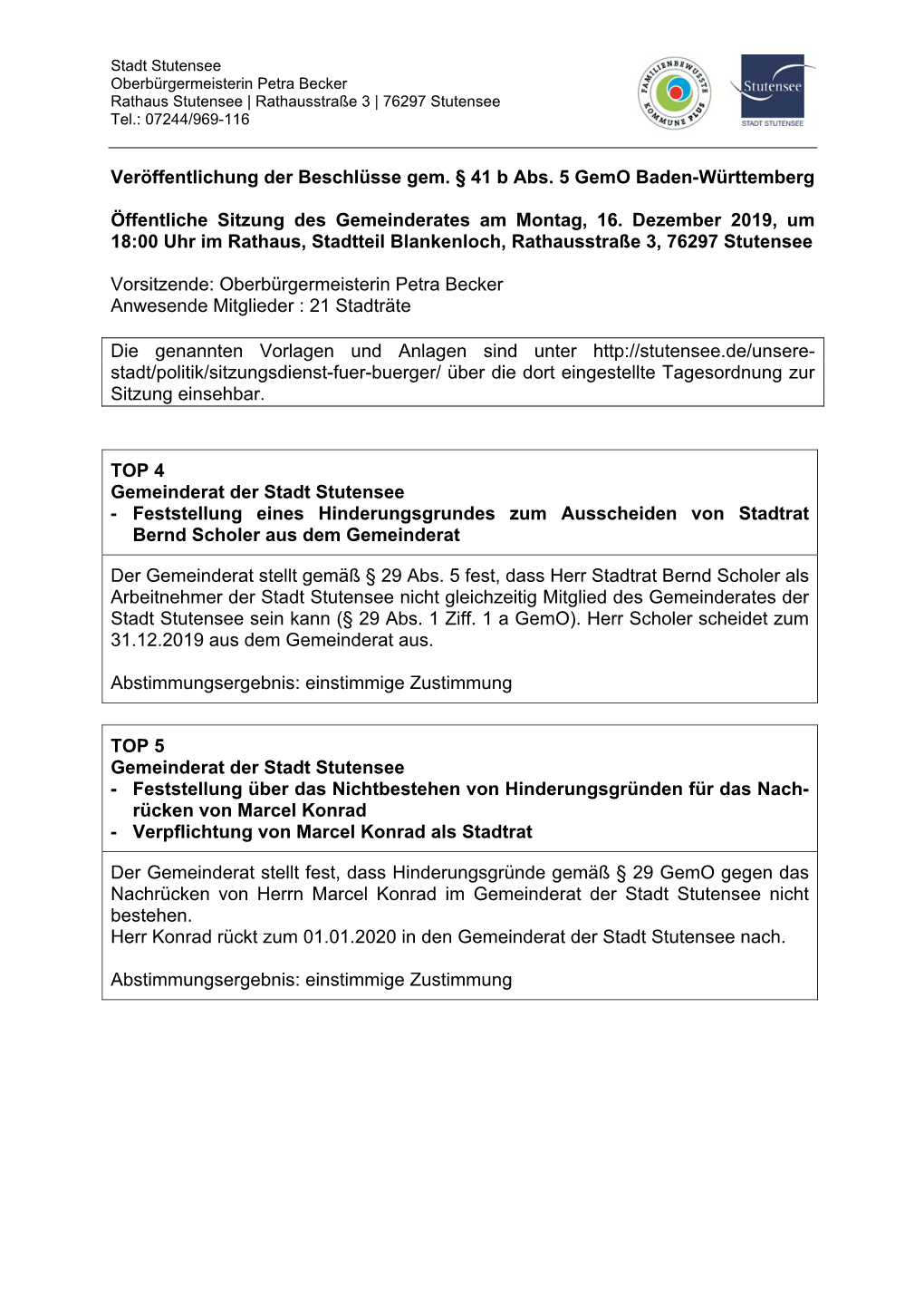 Veröffentlichung Der Beschlüsse Gem. § 41 B Abs. 5 Gemo Baden-Württemberg