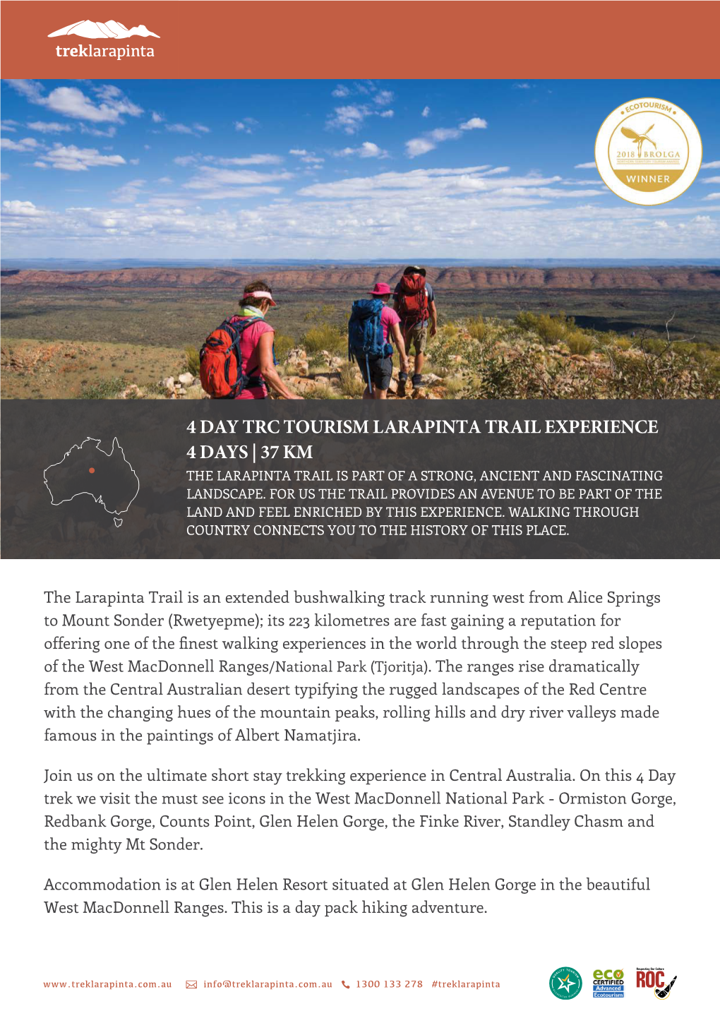 4 Day Trc Tourism Larapinta Trail Experience 4 Days | 37 Km the Larapinta Trail Is Part of a Strong, Ancient and Fascinating Landscape