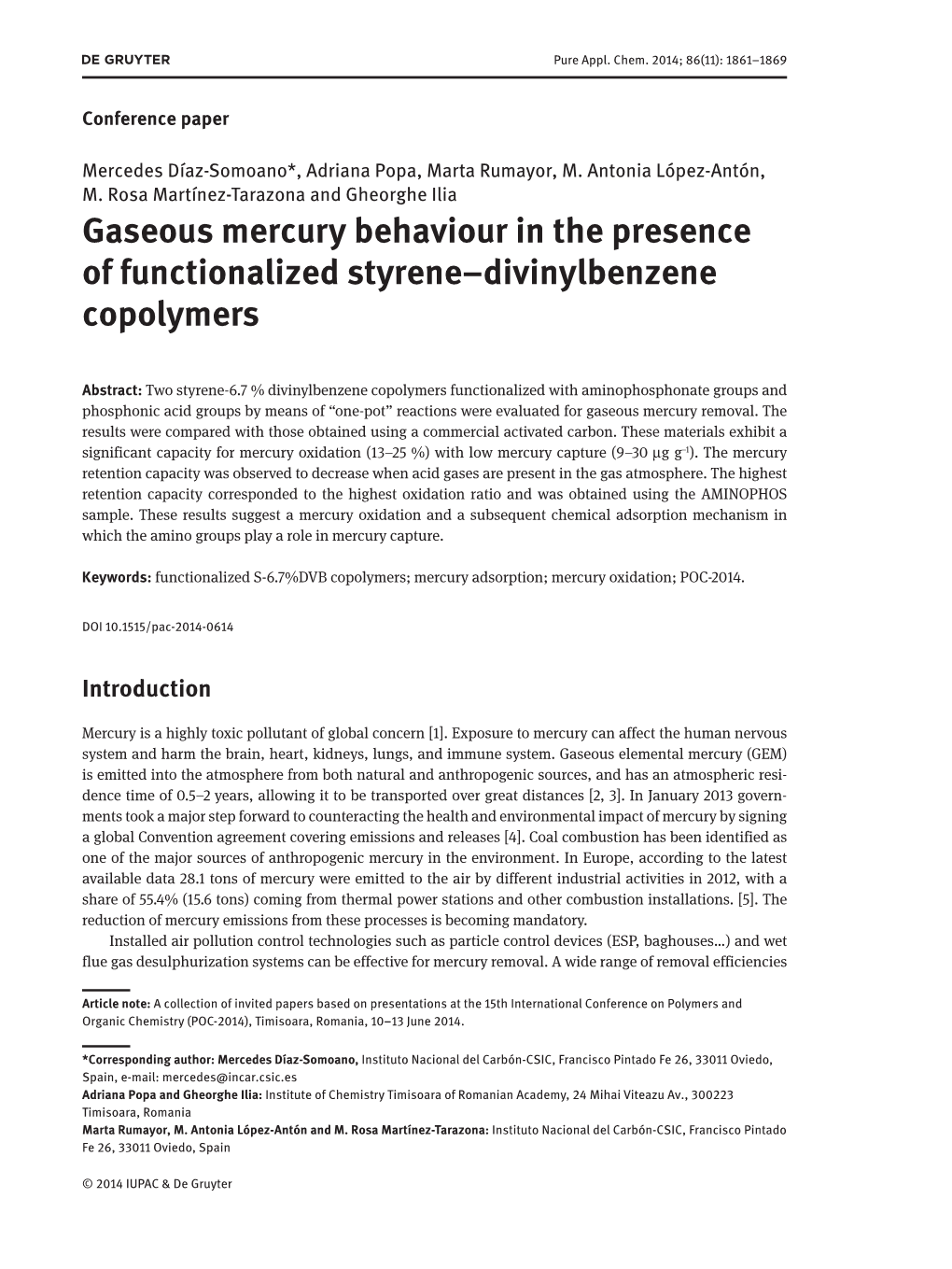 Gaseous Mercury Behaviour in the Presence of Functionalized Styrene–Divinylbenzene Copolymers