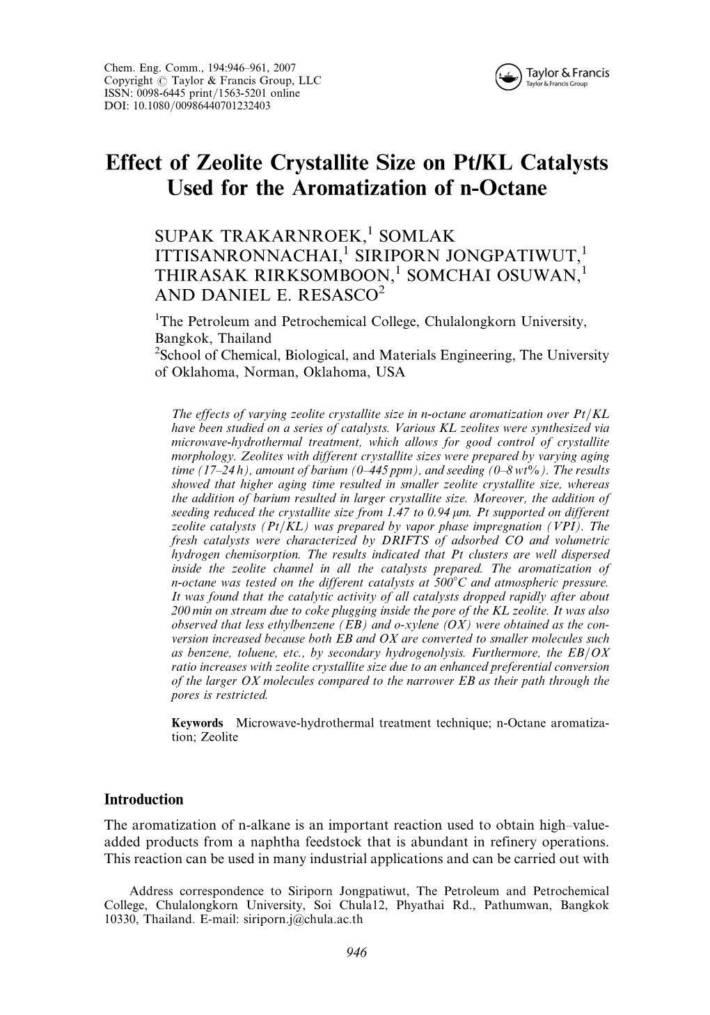 Effect of Zeolite Crystallite Size on Pt/KL Catalysts Used for the Aromatization of N-Octane