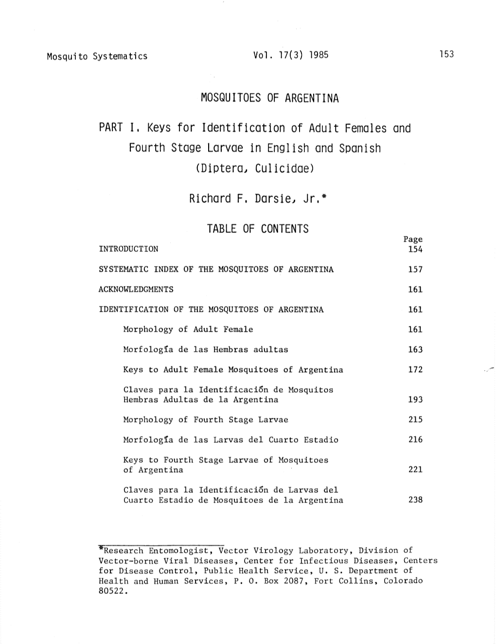 Mosquitoes of Argentina. Part I. Keys for Identification of Adult Females