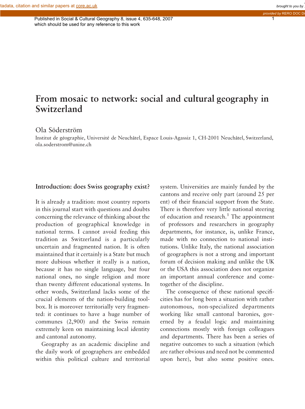 From Mosaic to Network: Social and Cultural Geography in Switzerland