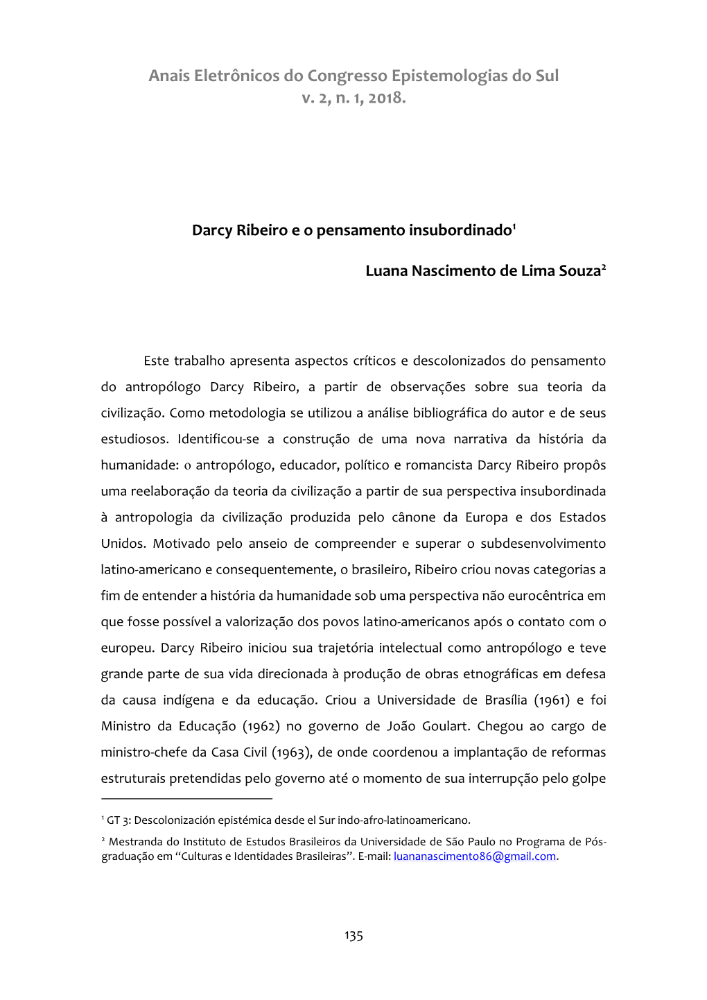 Anais Eletrônicos Do Congresso Epistemologias Do Sul V. 2, N. 1, 2018