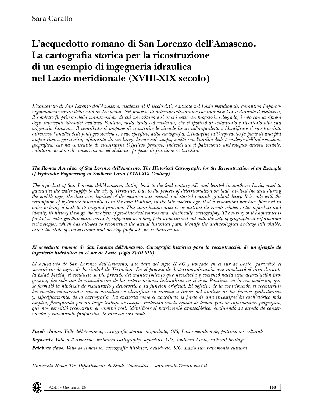 L'acquedotto Romano Di San Lorenzo Dell'amaseno. La Cartografia Storica