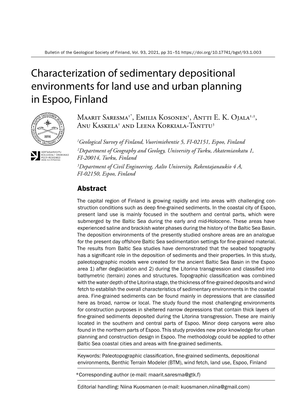 Characterization of Sedimentary Depositional Environments for Land Use and Urban Planning in Espoo, Finland