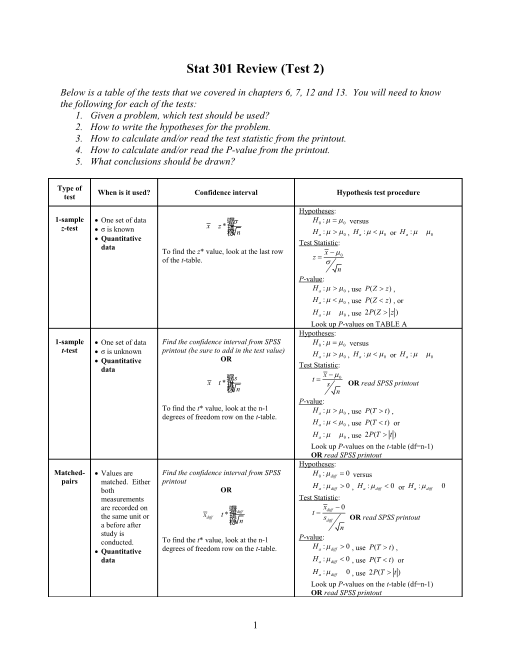 Stat 301 Review (Test 2)