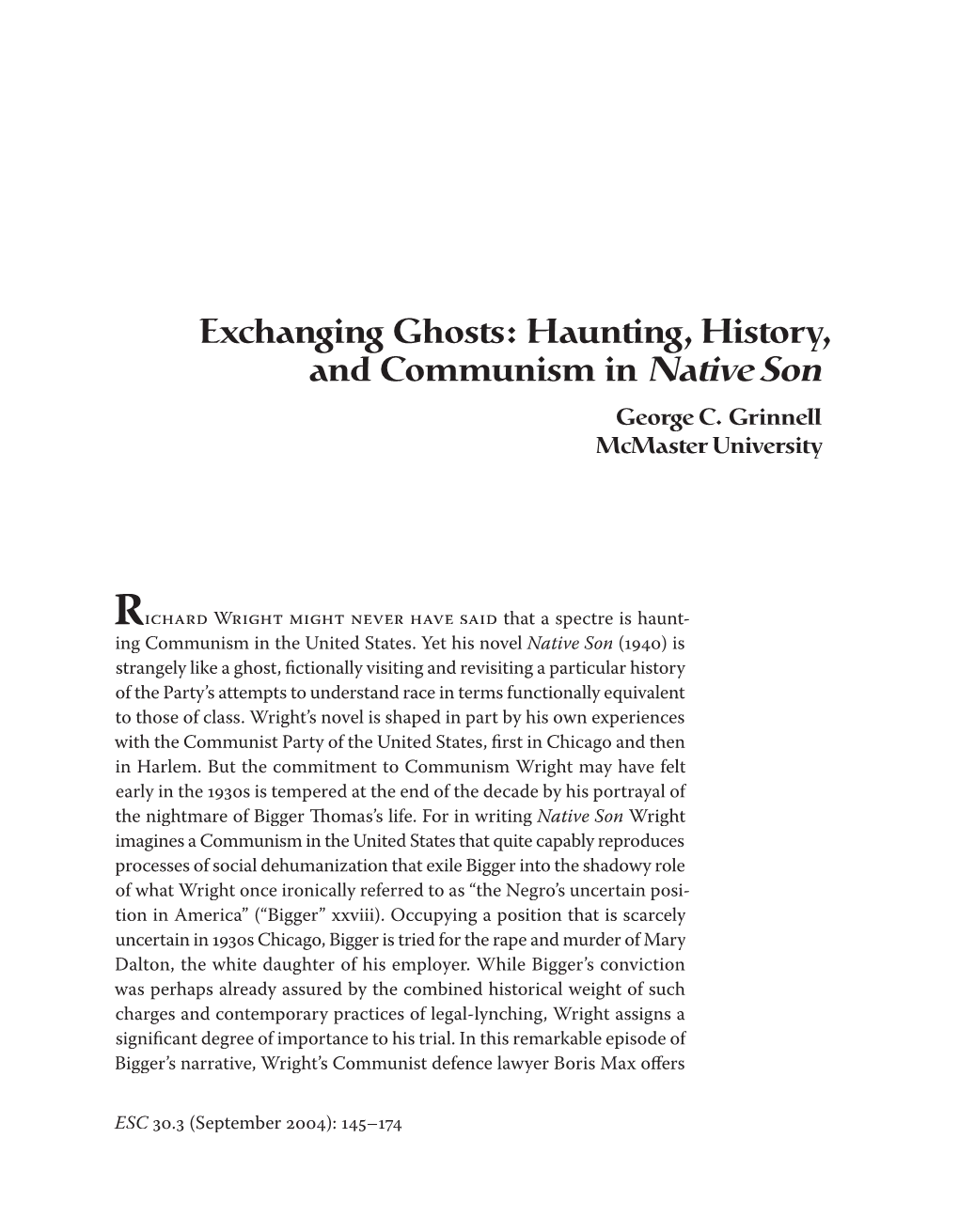 Exchanging Ghosts: Haunting, History, and Communism in Native Son George C