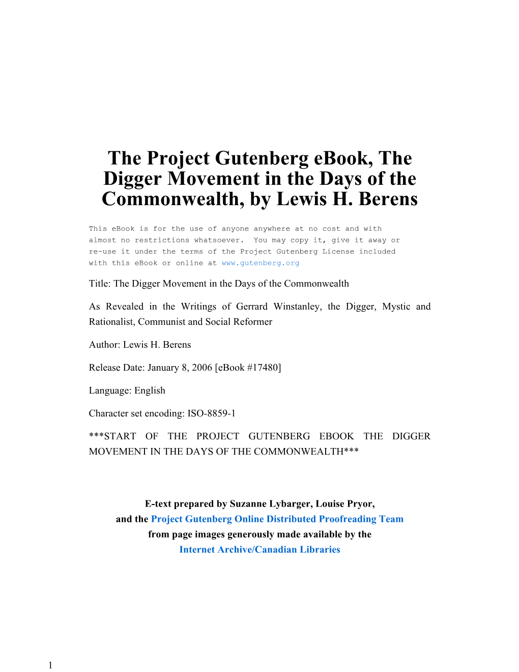 The Digger Movement in the Days of the Commonwealth, by Lewis H