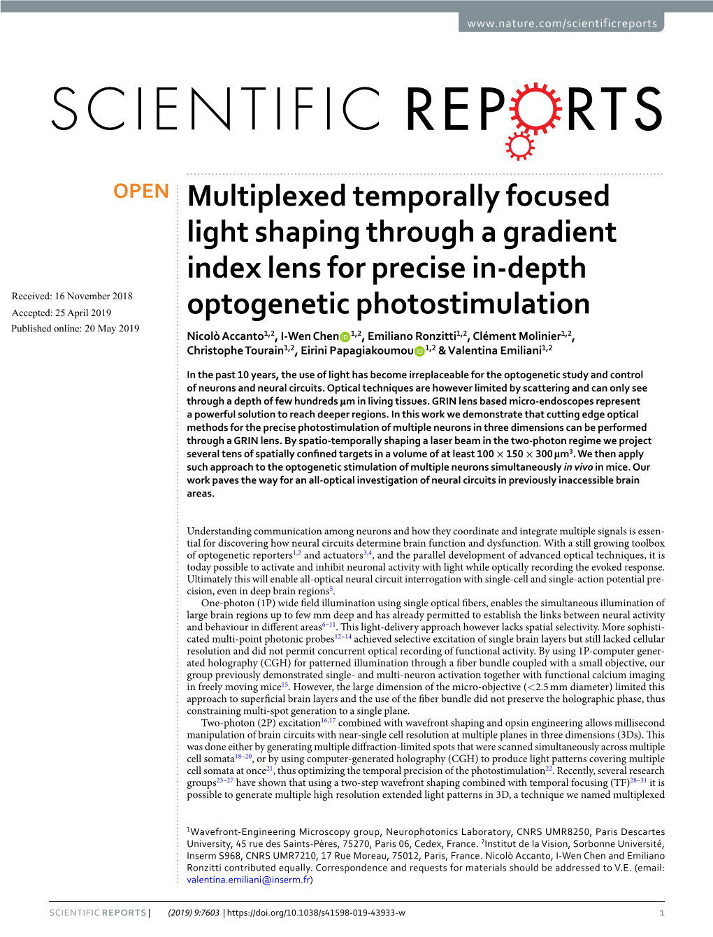 Multiplexed Temporally Focused Light Shaping Through a Gradient Index Lens for Precise In-Depth Optogenetic Photostimulation