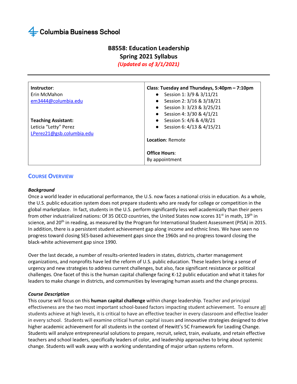 Education Leadership Spring 2021 Syllabus (Updated As of 3/1/2021)