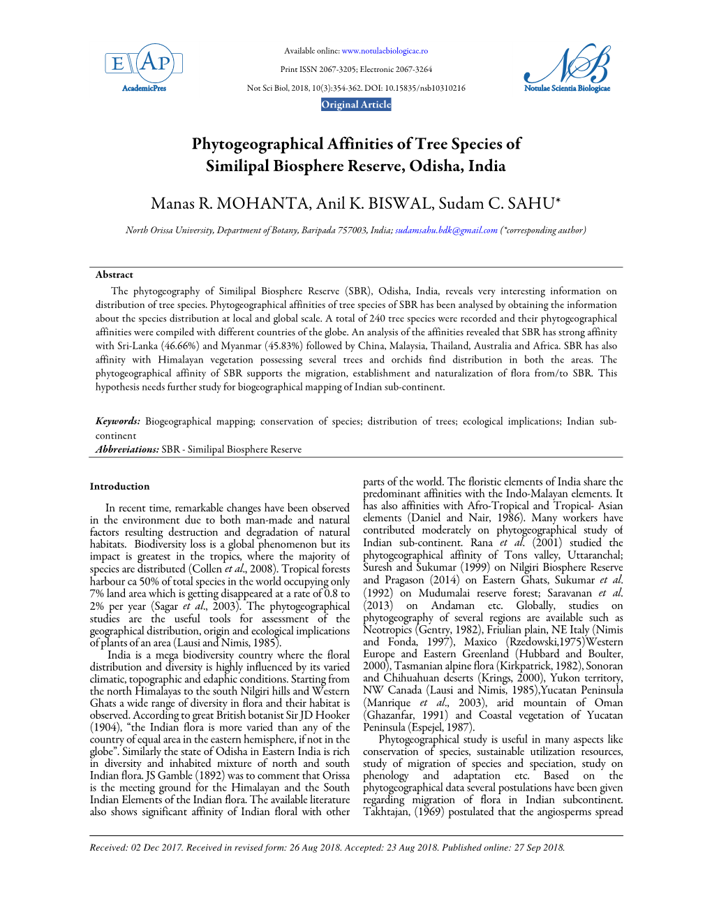 Phytogeographical Affinities of Tree Species of Similipal Biosphere Reserve, Odisha, India Manas R. MOHANTA, Anil K. BISWAL, Su