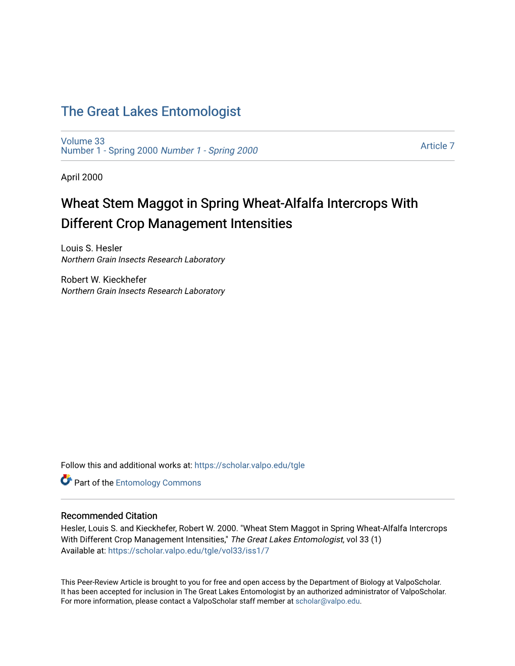 Wheat Stem Maggot in Spring Wheat-Alfalfa Intercrops with Different Crop Management Intensities