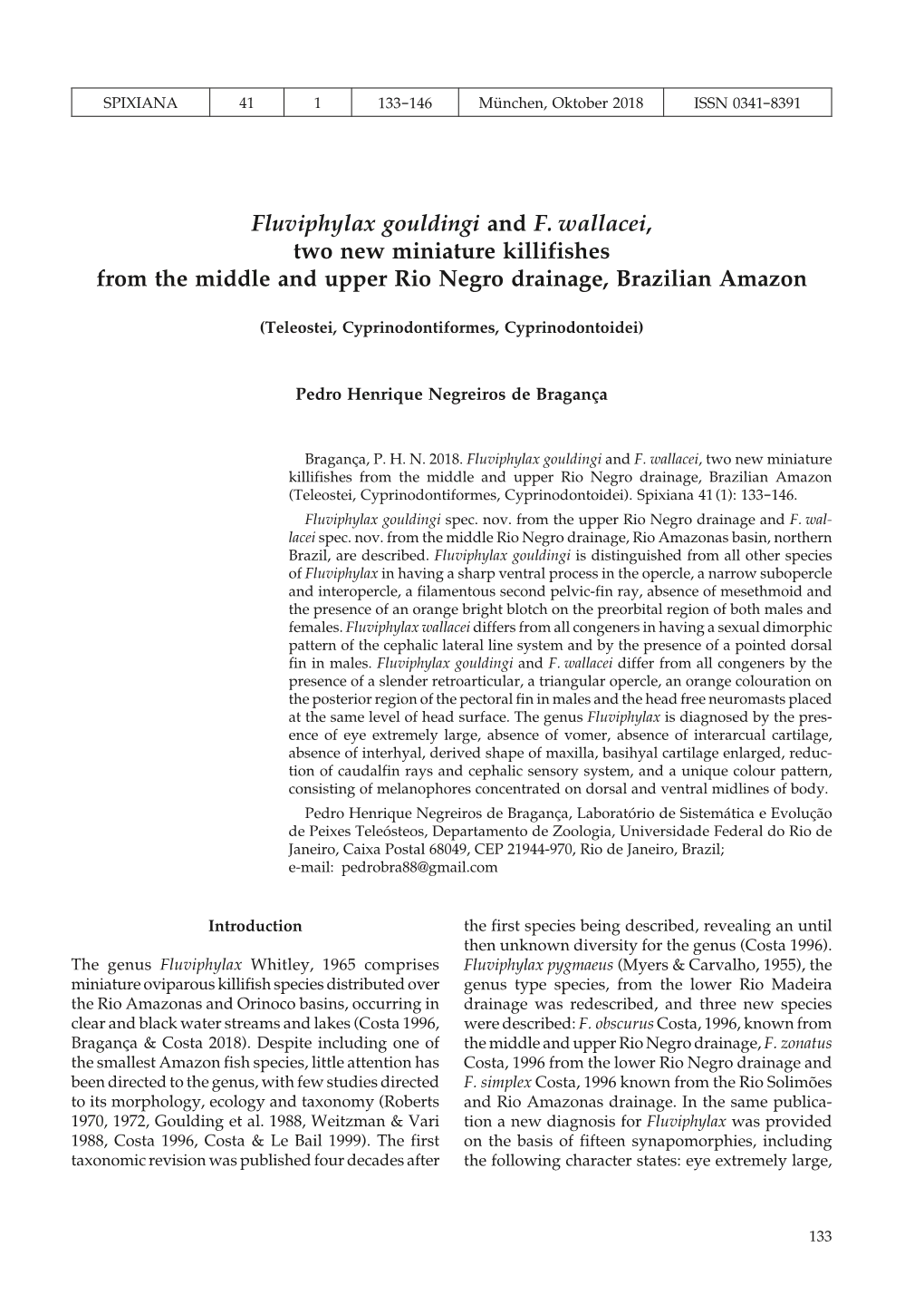 Fluviphylax Gouldingi and F. Wallacei, Two New Miniature Killifishes from the Middle and Upper Rio Negro Drainage, Brazilian Amazon