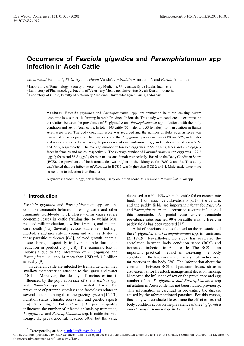 Occurrence of Fasciola Gigantica and Paramphistomum Spp Infection in Aceh Cattle