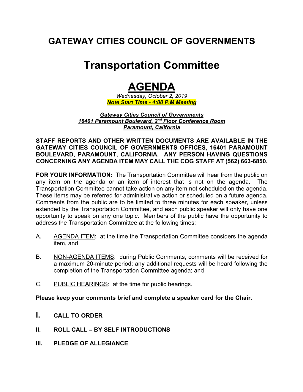 Transportation Committee Agenda; And