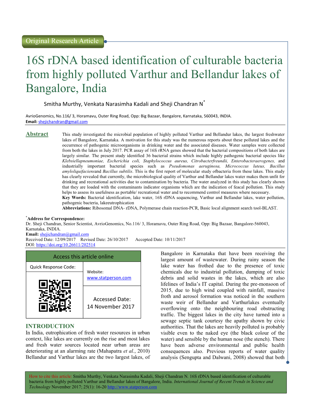 16S Rdna Based Identification from Highly Polluted Bangalore, India NA