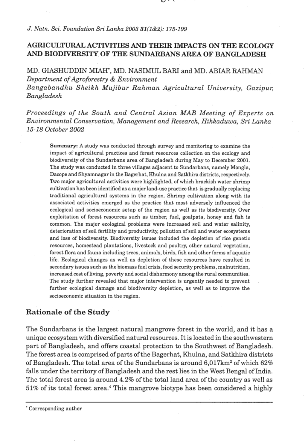 Agricultural Actmties and Their Impacts on the Ecology and Biodiversity of the Sundarbans Area of Bangladesh