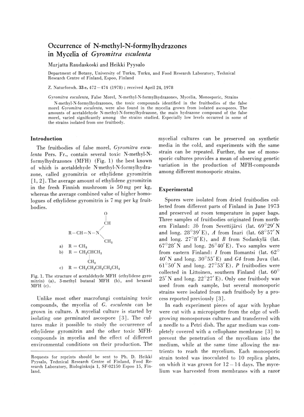 Occurrence of N-Methyl-N-Formylhydrazones in Mycelia of Gyromitra Esculenta