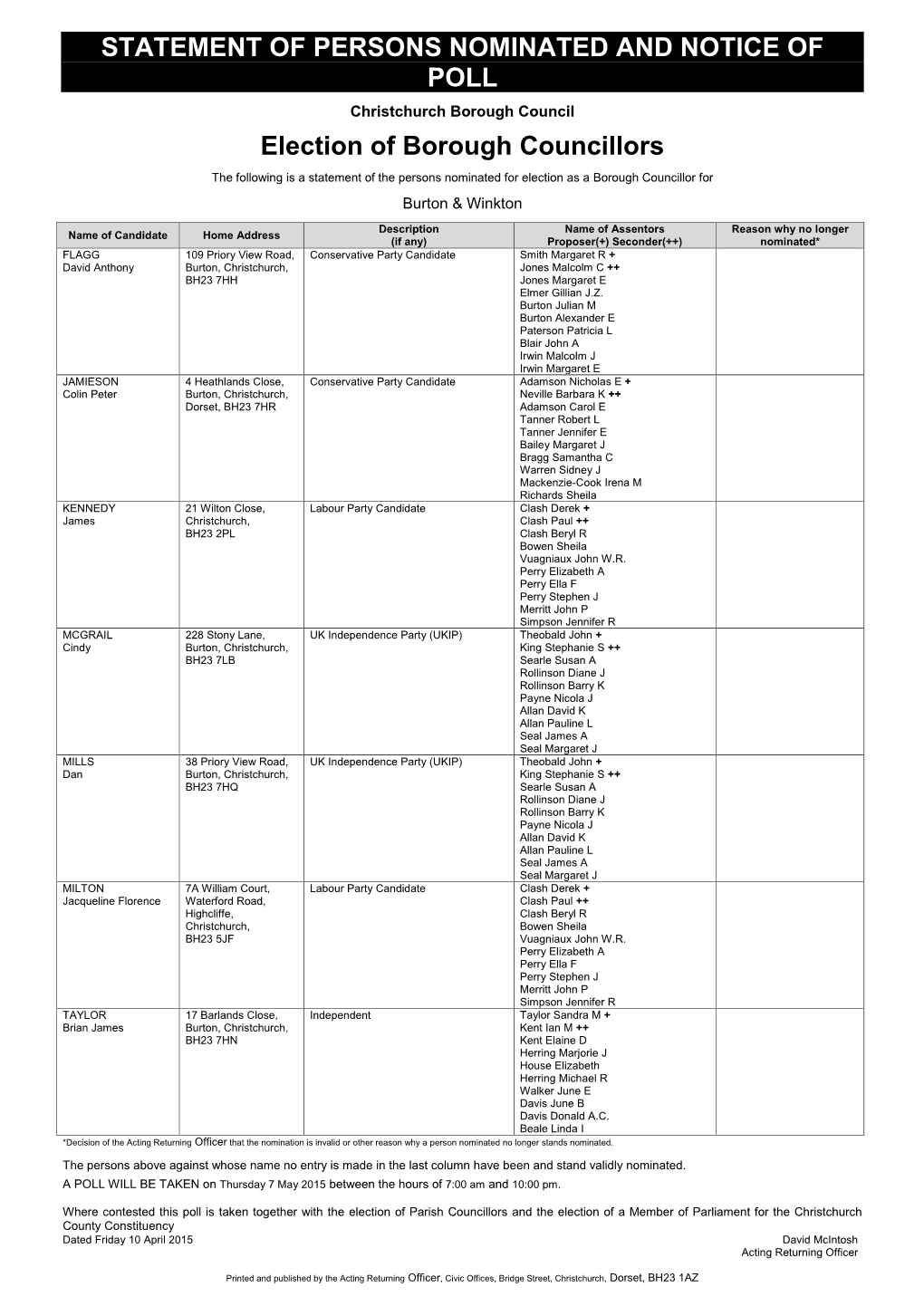 STATEMENT of PERSONS NOMINATED and NOTICE of POLL Election of Borough Councillors