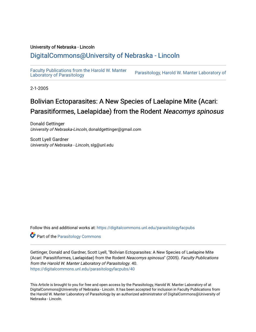 Acari: Parasitiformes, Laelapidae) from the Rodent Neacomys Spinosus