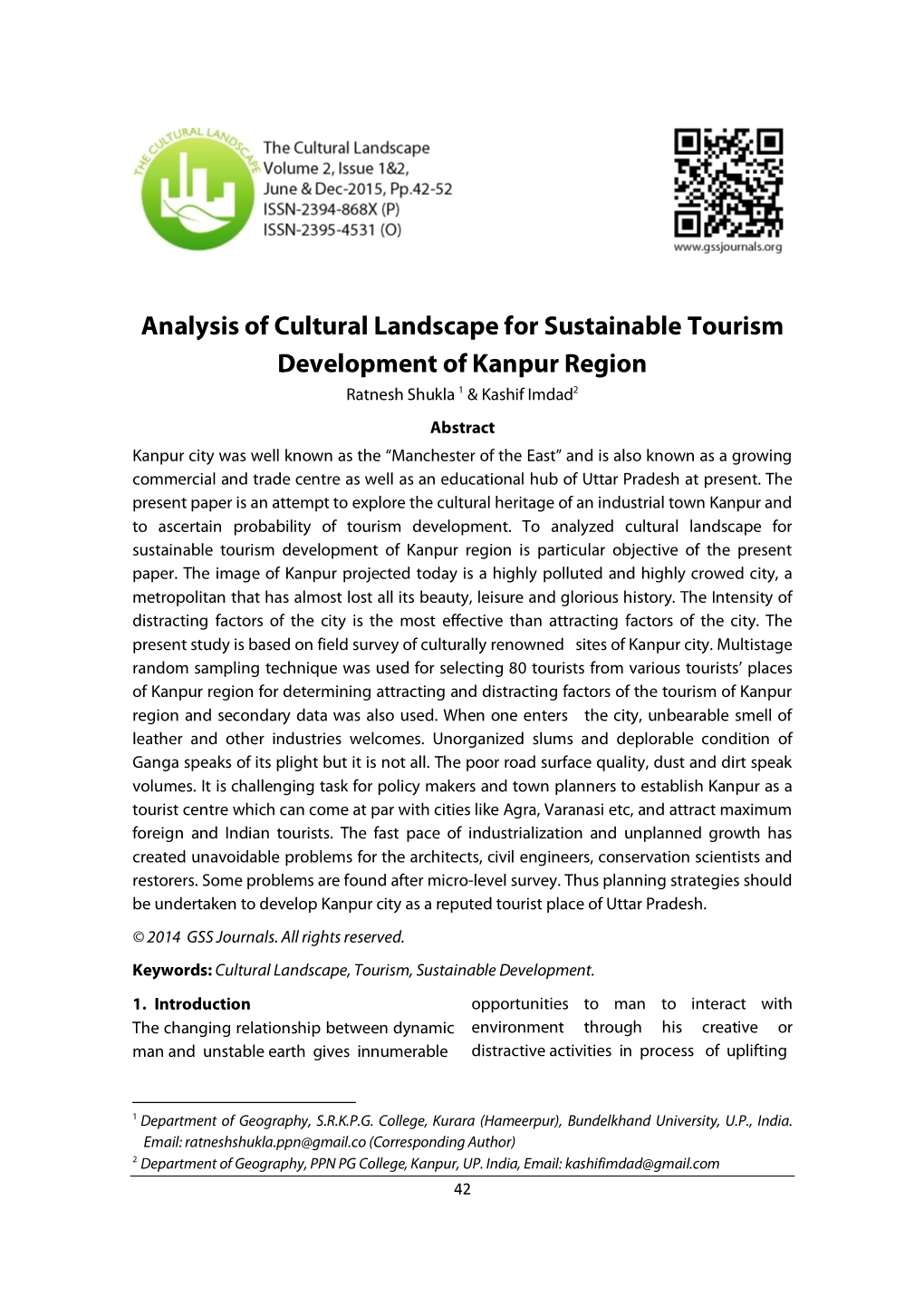 Analysis of Cultural Landscape for Sustainable Tourism Development of Kanpur Region