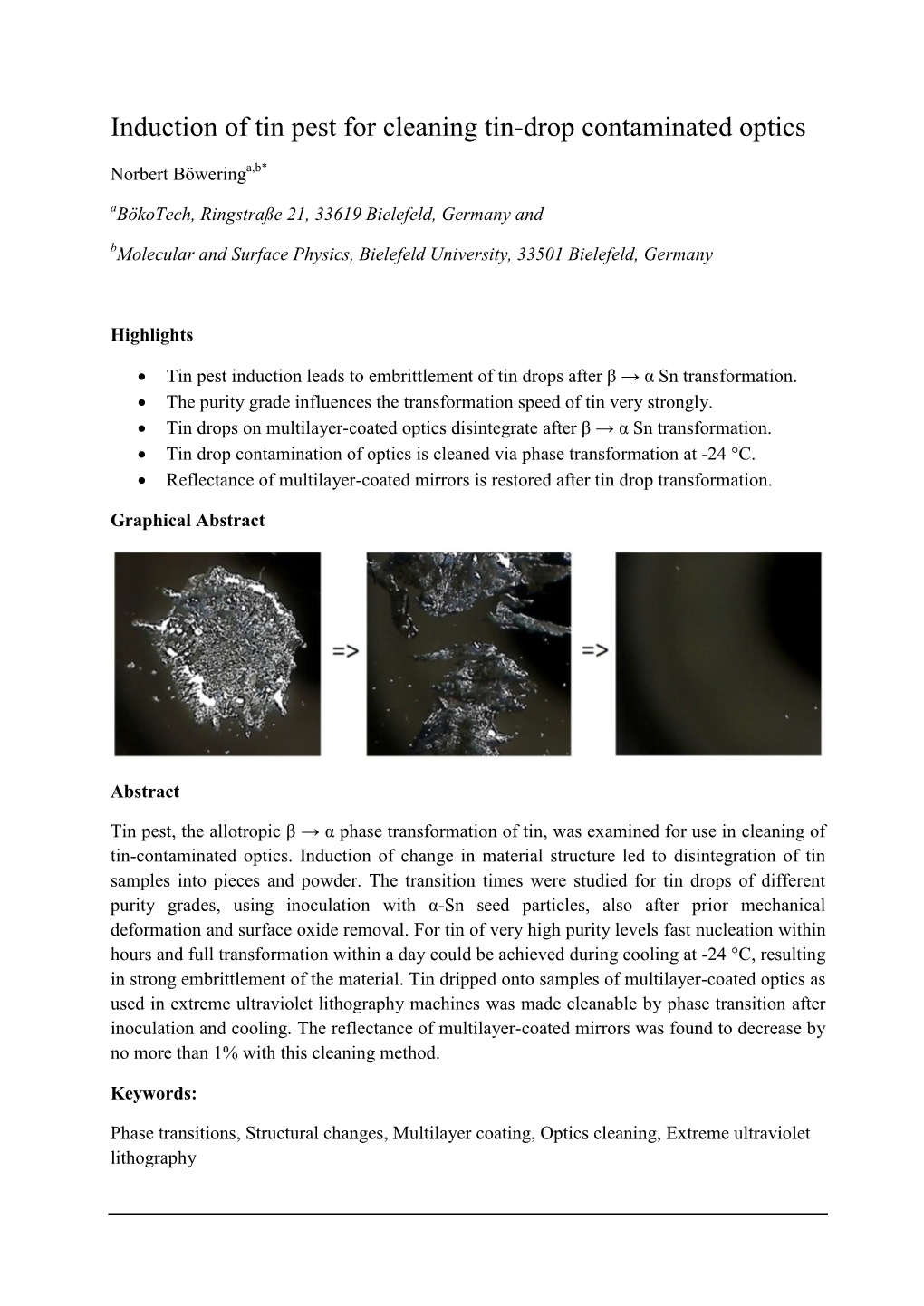 Induction of Tin Pest for Cleaning Tin-Drop Contaminated Optics