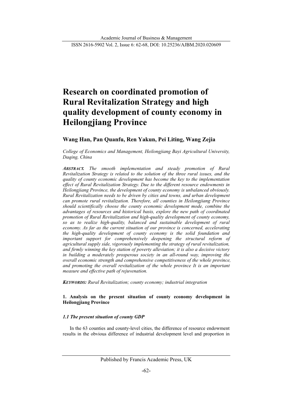 Research on Coordinated Promotion of Rural Revitalization Strategy and High Quality Development of County Economy in Heilongjiang Province