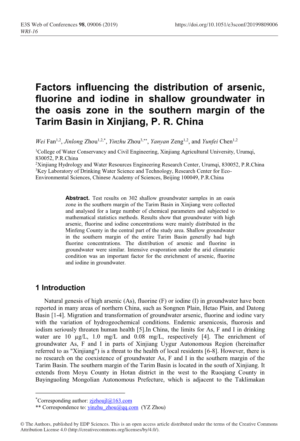 Factors Influencing the Distribution of Arsenic, Fluorine and Iodine in Shallow Groundwater in the Oasis Zone in the Southern Margin of the Tarim Basin in Xinjiang, P