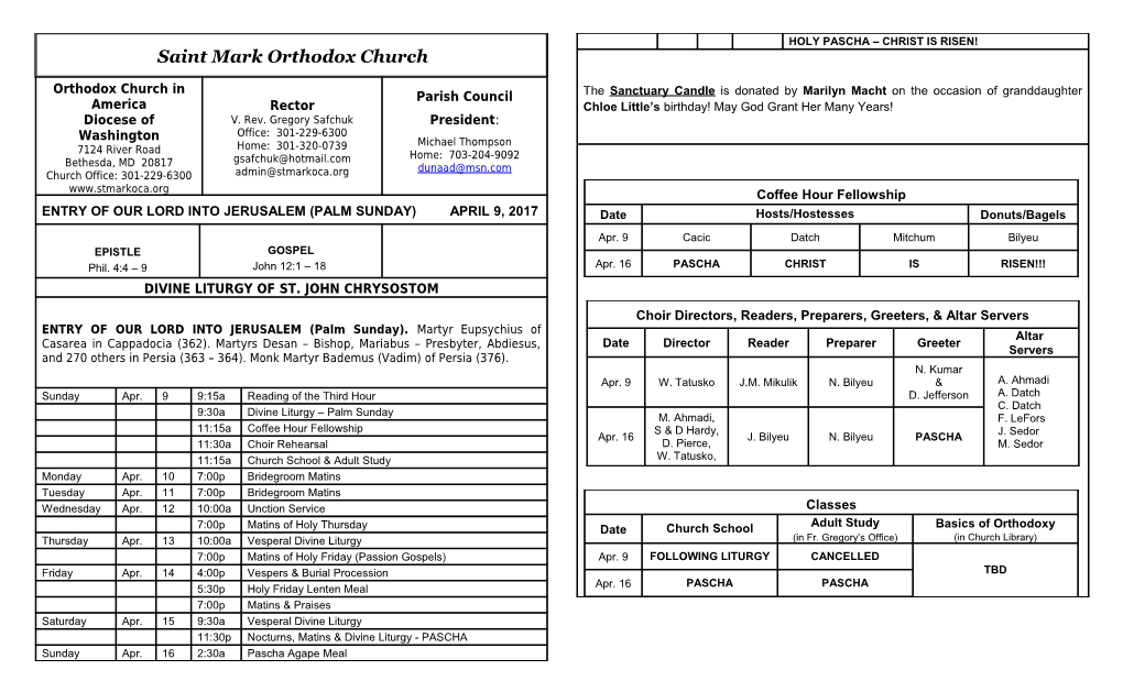 Entry of Our Lord Into Jerusalem (Palm Sunday) April 9, 2017