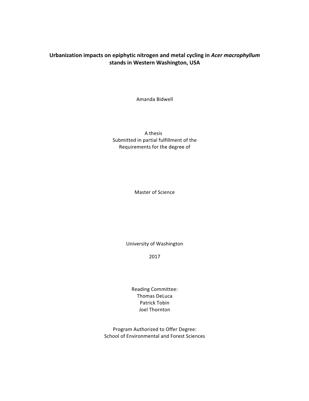 Urbanization Impacts on Epiphytic Nitrogen and Metal Cycling in Acer Macrophyllum Stands in Western Washington, USA