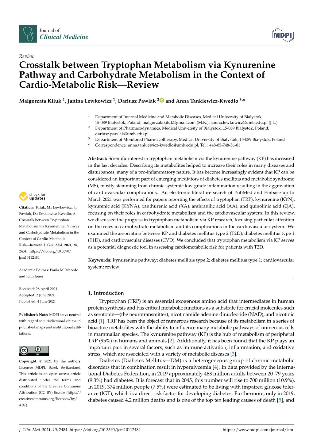 Crosstalk Between Tryptophan Metabolism Via Kynurenine Pathway and Carbohydrate Metabolism in the Context of Cardio-Metabolic Risk—Review