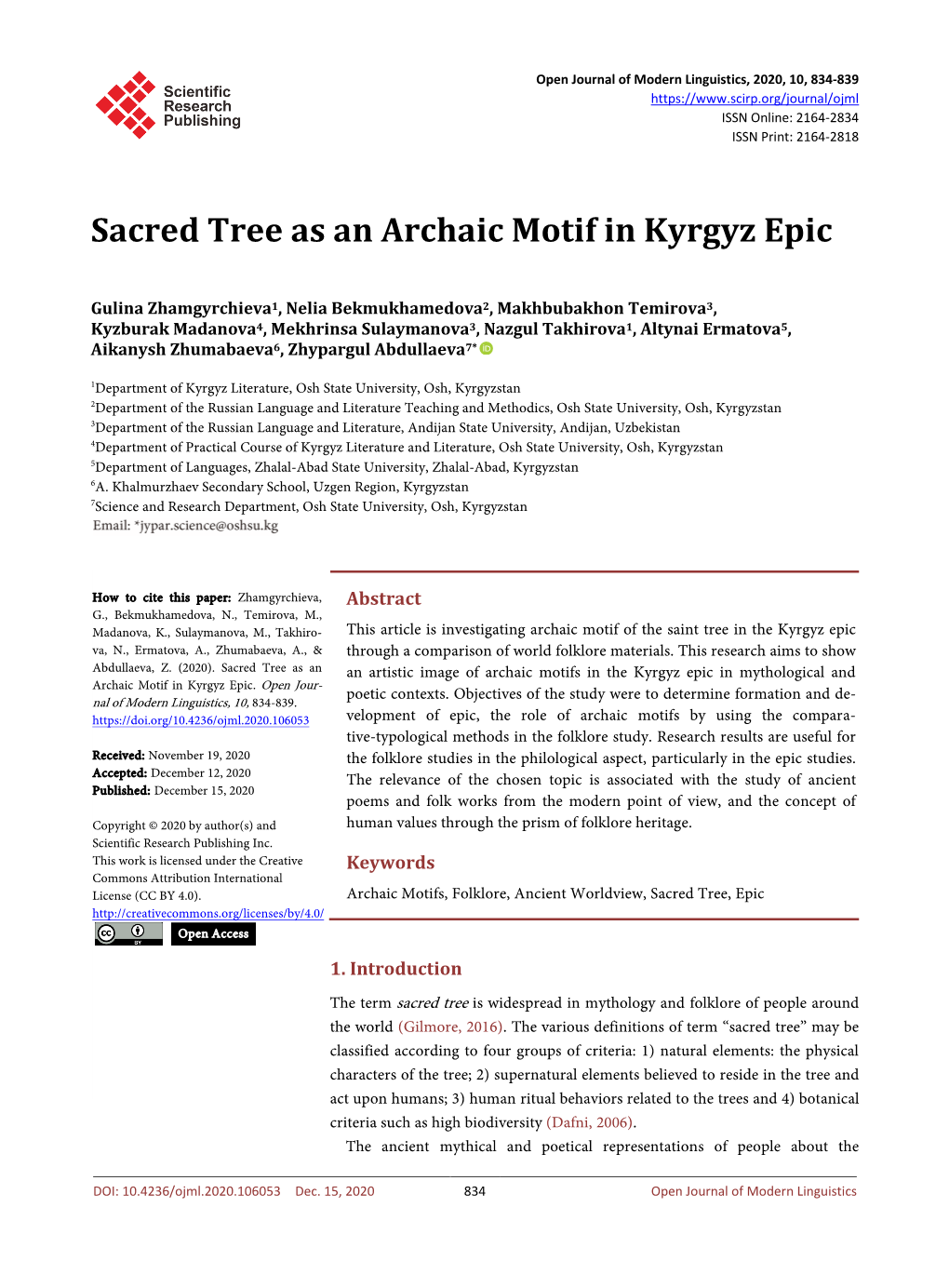 Sacred Tree As an Archaic Motif in Kyrgyz Epic