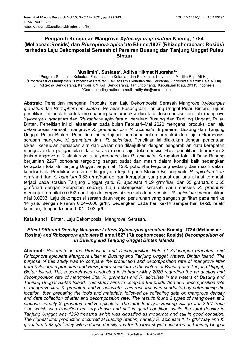 Jurnal of Marine Research Vol(X),No.(X) (Februari) 2021, Pp. 1