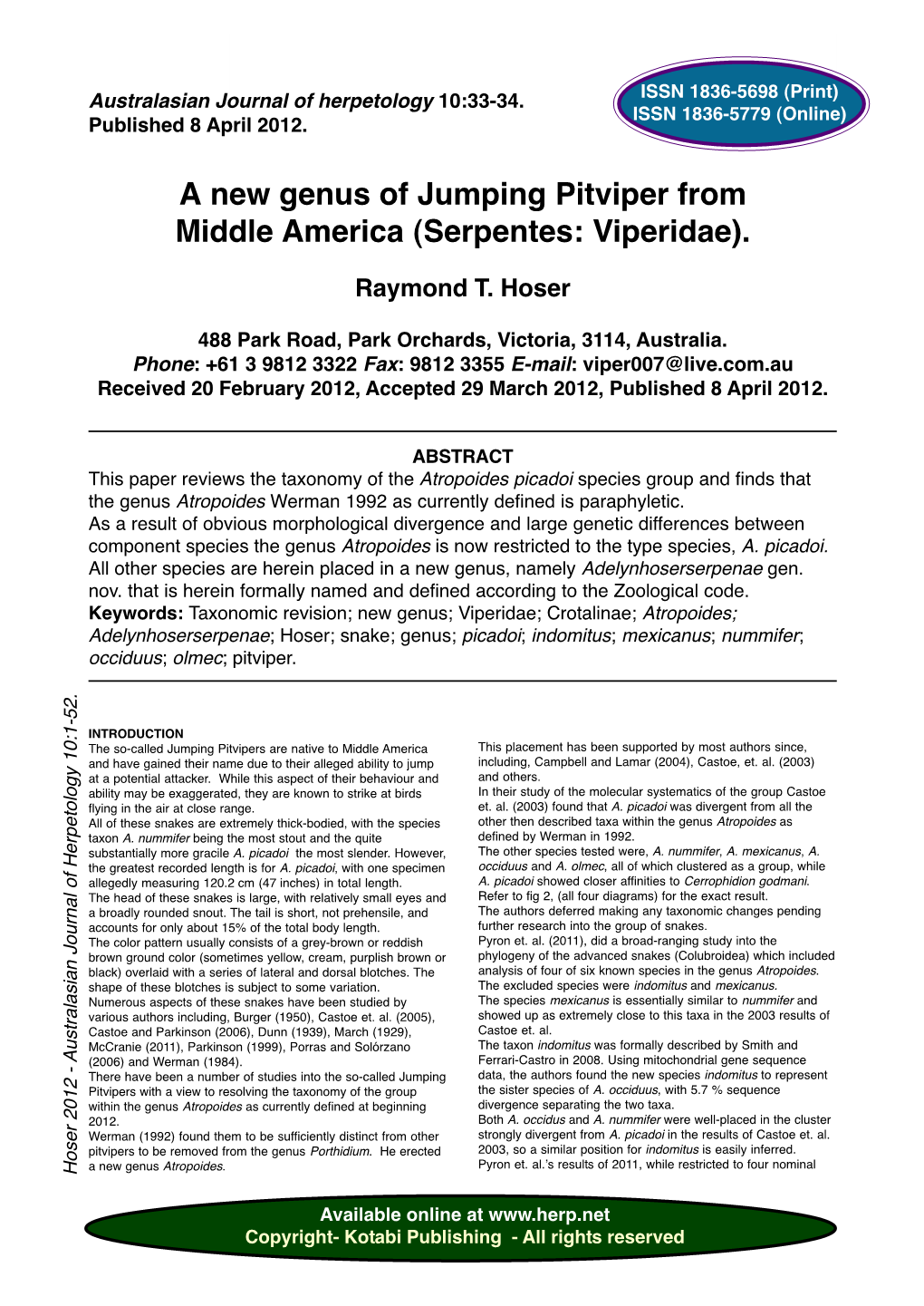 A New Genus of Jumping Pitviper from Middle America (Serpentes: Viperidae)