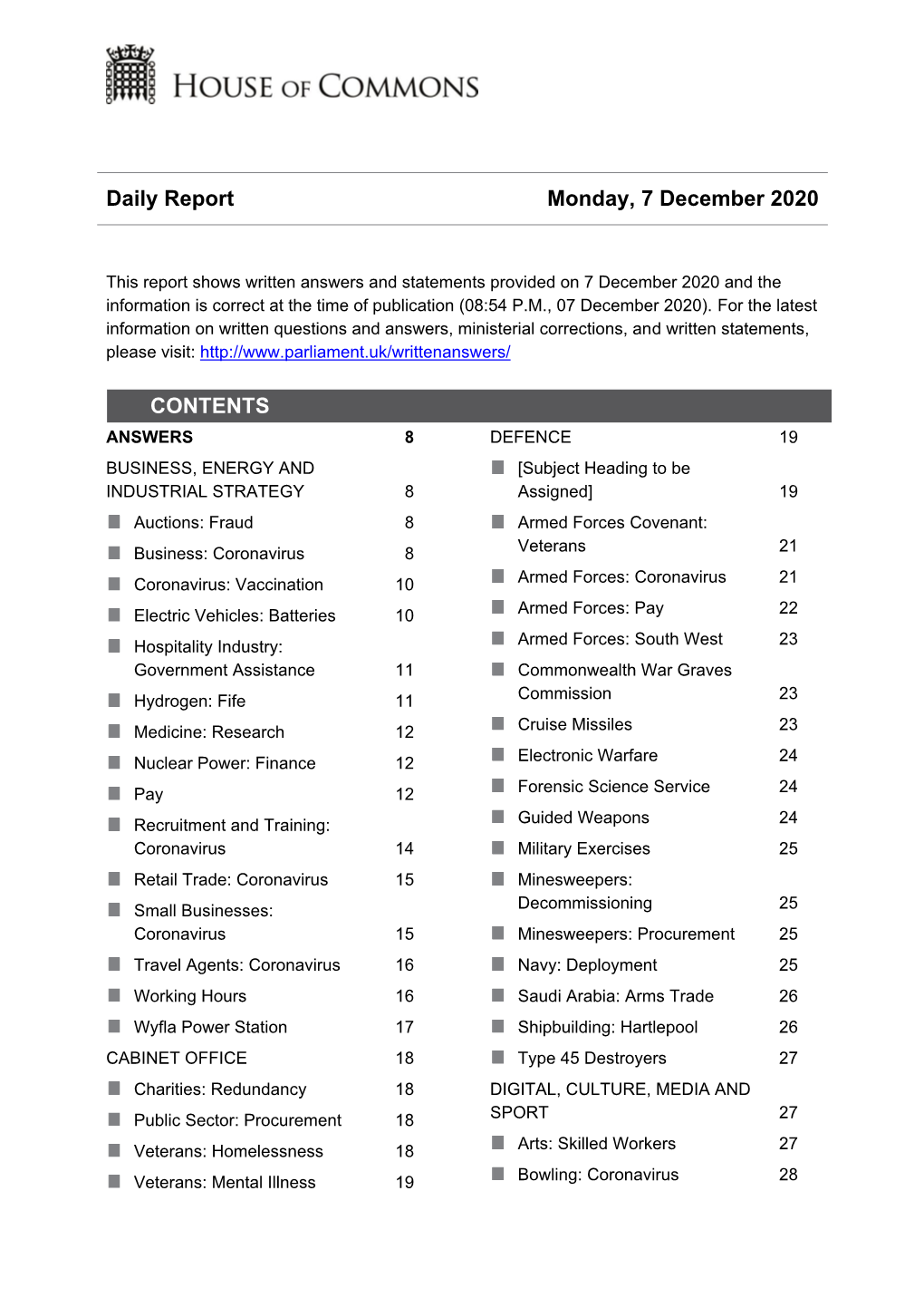 Daily Report Monday, 7 December 2020 CONTENTS