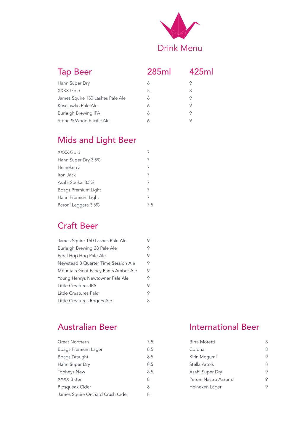 Drink Menu Mids and Light Beer Craft Beer Tap Beer 285Ml 425Ml