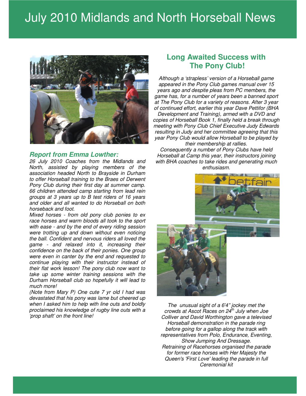 July 2010 Midlands and North Horseball News
