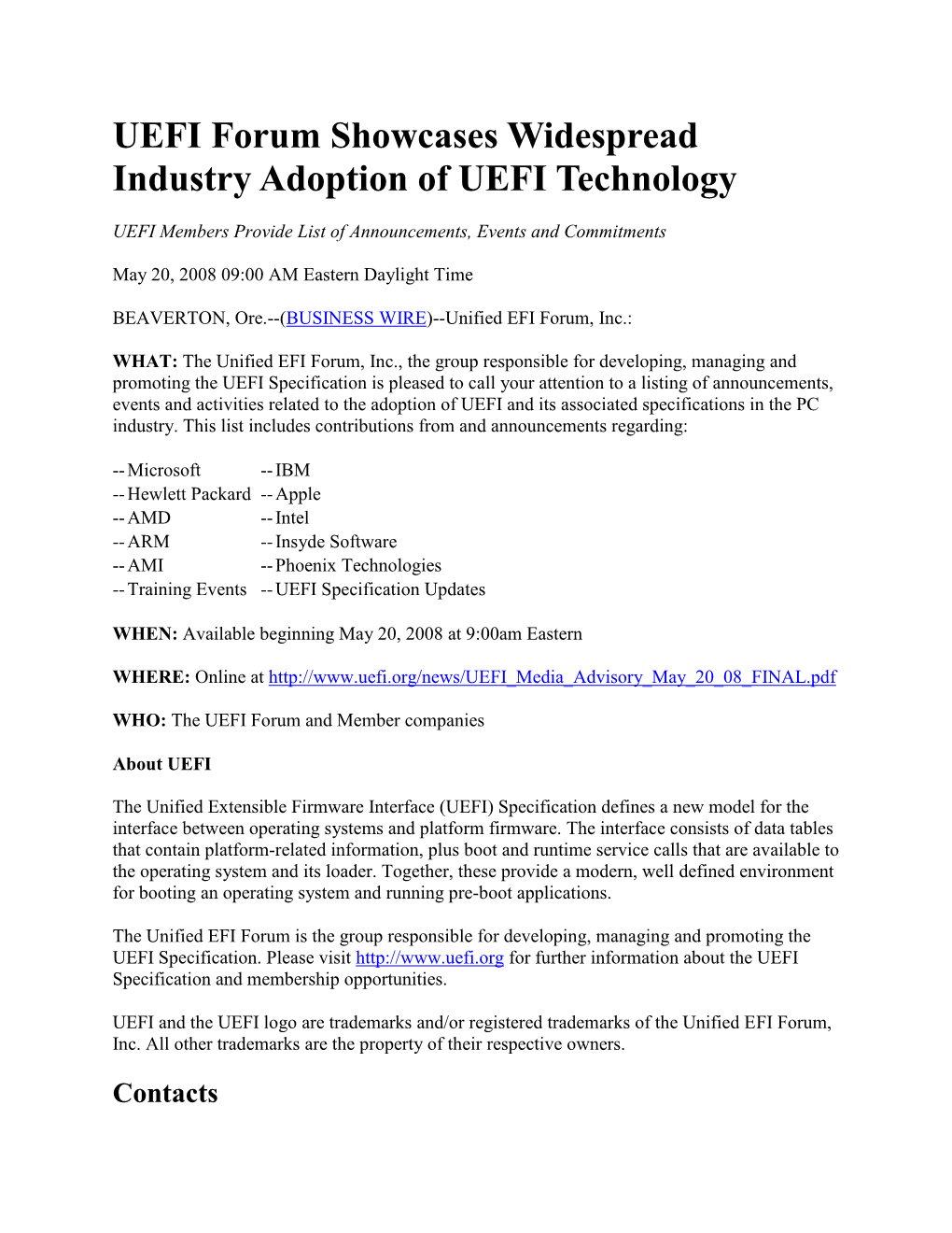 UEFI Forum Showcases Widespread Industry Adoption of UEFI Technology